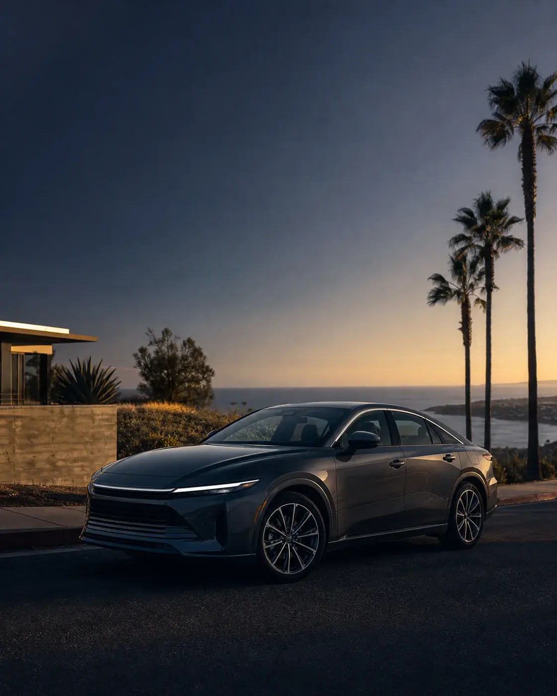 Car parked on the California coast at dusk