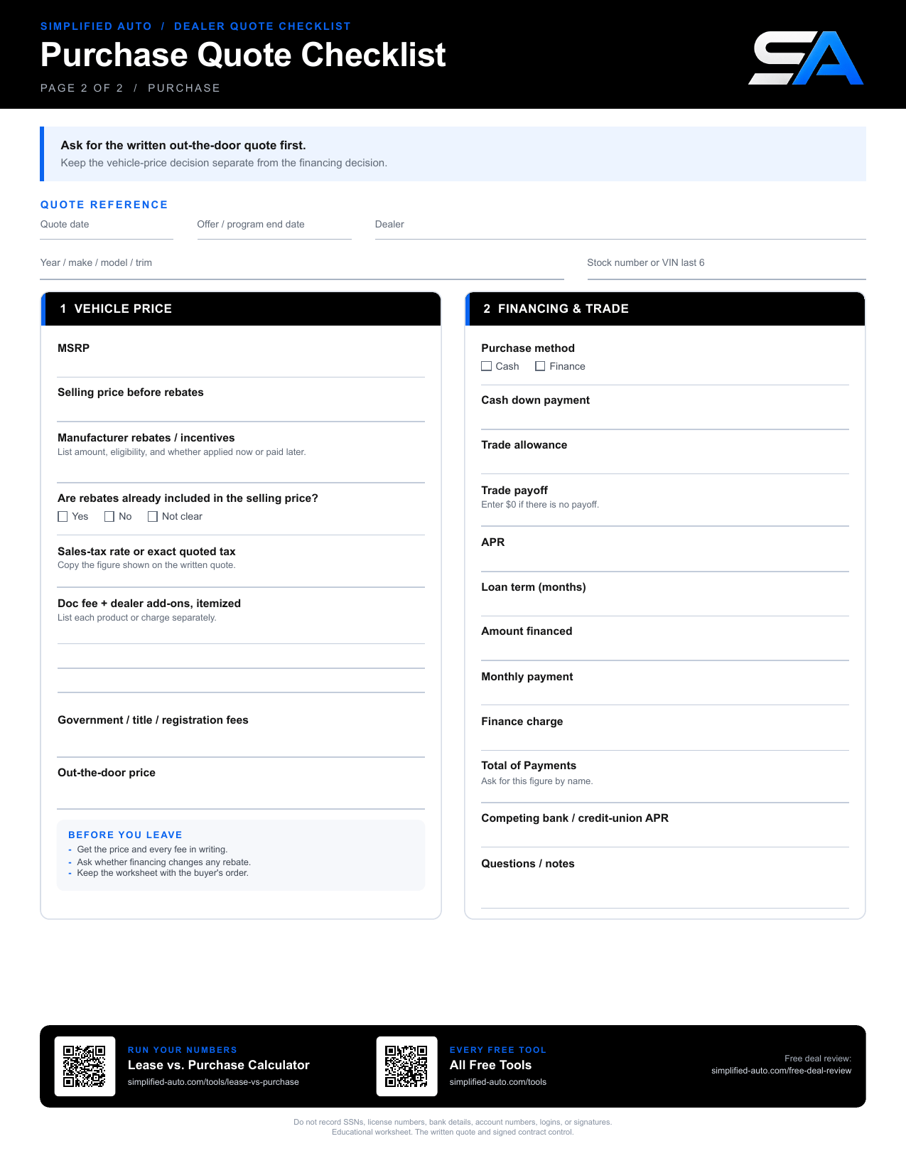 Preview of the purchase quote checklist page